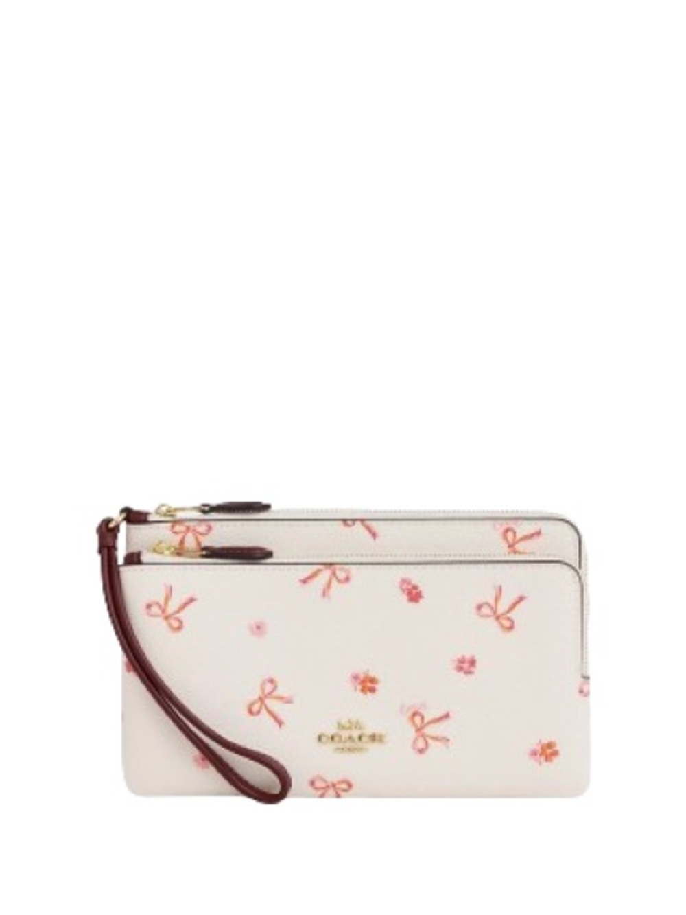 Coach Cream Floral & Bow Double Zip Wristlet with Brown Strap